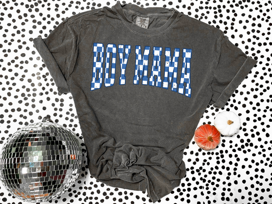 Blue checkered boy mama